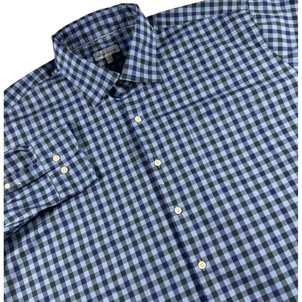Peter Millar Performance Button Up Shirt Mens XXL Blue Check Long Sleeve Stretch